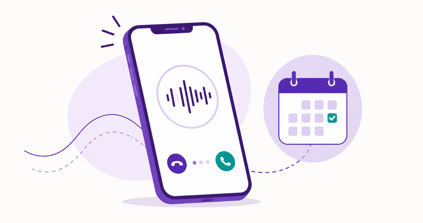 AI calling agent on a smartphone handling a voice call and scheduling a real estate appointment with a calendar interface