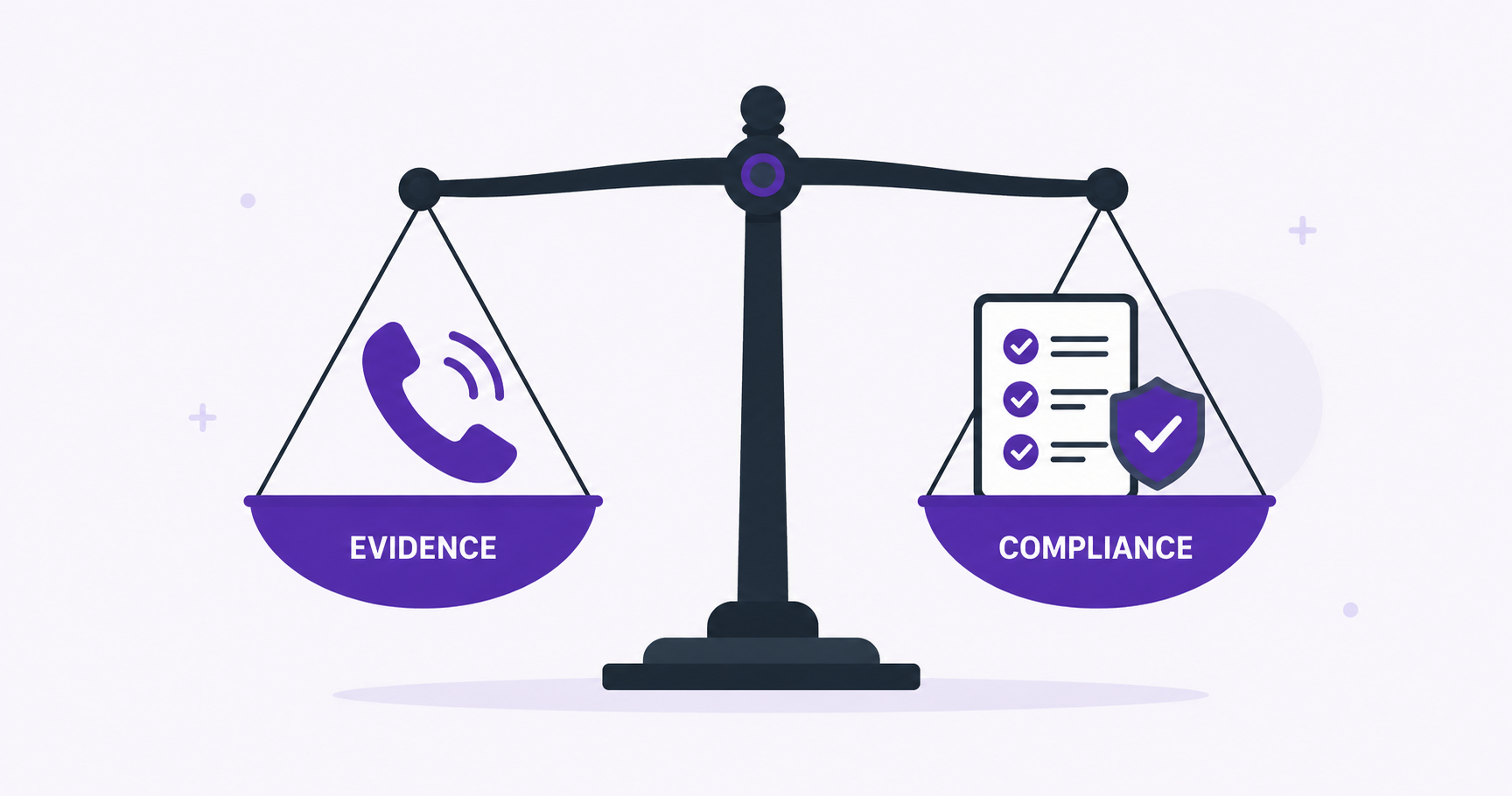 Balance scale comparing phone call activity with compliance checklist representing AI cold calling evidence versus legal compliance