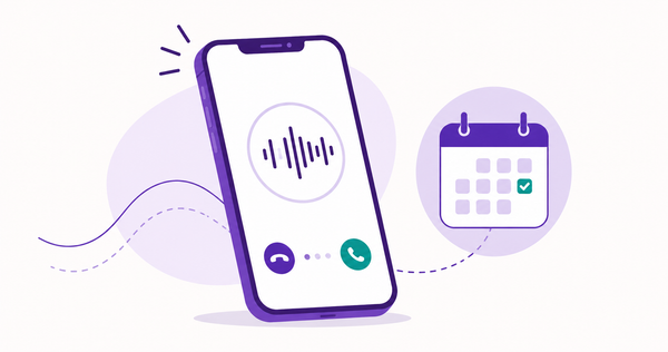 AI calling agent on a smartphone handling a voice call and scheduling a real estate appointment with a calendar interface