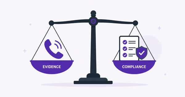 Balance scale comparing phone call activity with compliance checklist representing AI cold calling evidence versus legal compliance
